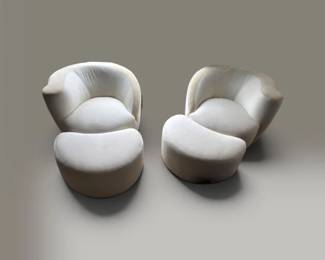 111 PairOffWhiteCurvedClubChairswMatchingOttomansPillow