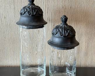 62 PairofVintageStyleGlassDisplayJarswOrnatePlasterLids