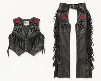 138 GenuineLeatherRoseFringeMotorcycleVestChapsSizeSmall