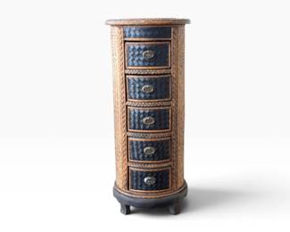 36 RoundWovenStrawLeatherWood5DrawerAccentCabinet