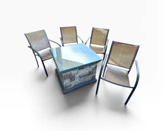 31 PropaneStoneStyleFirePitTablewAcrylicTop4SlingChairs
