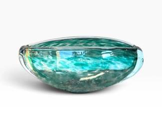 73 LargeAquaGreenHandblownArtGlassOvalCenterpieceBowl