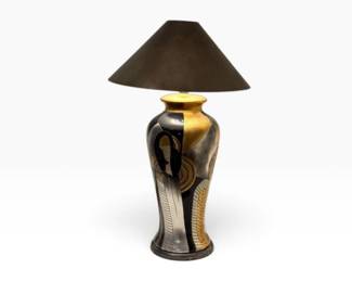 131 LargeCeramicArtDecoStyleLampwPaintedEtchedFiguralDesign