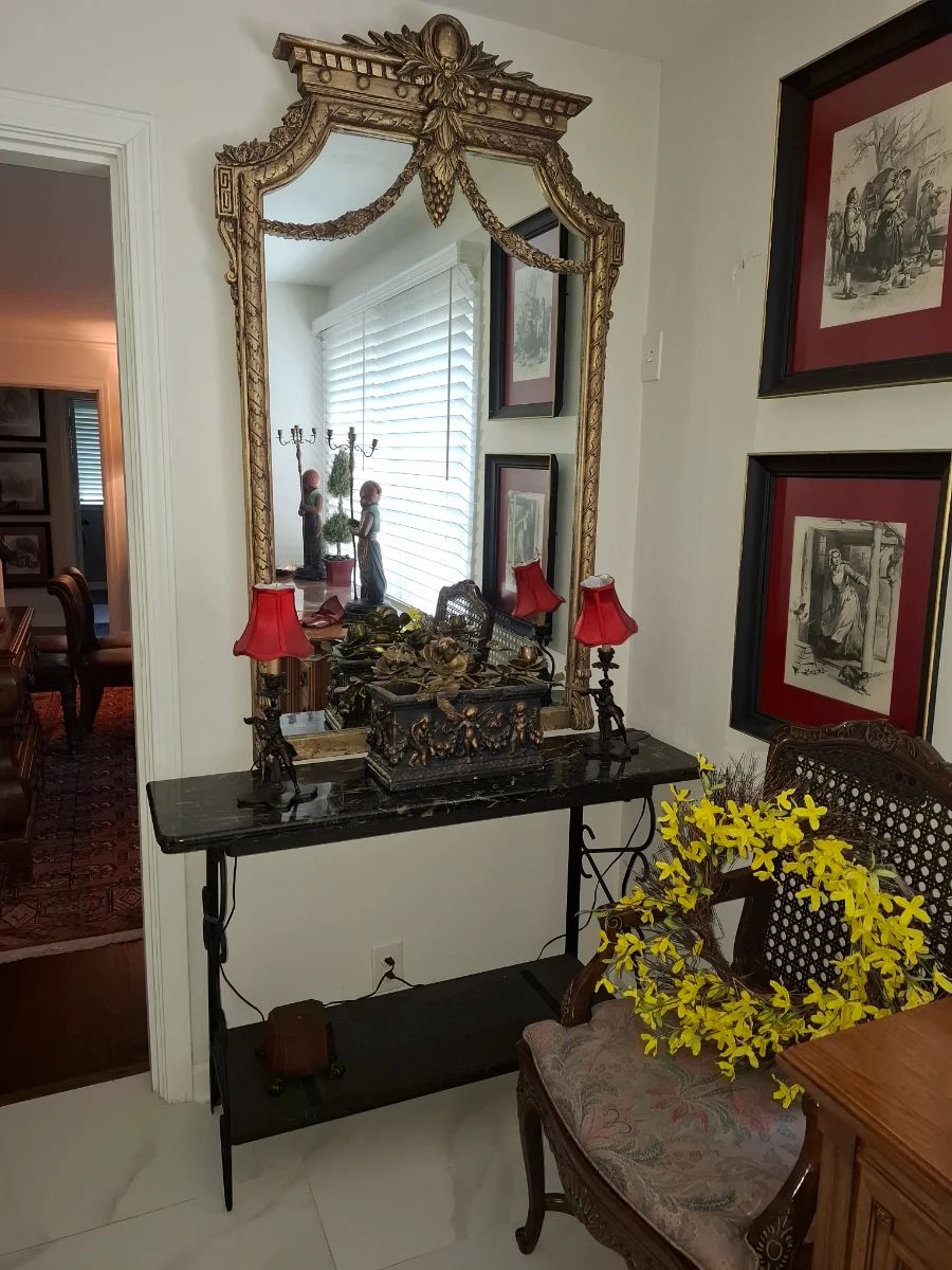 Beautiful French mirror and marble top stand