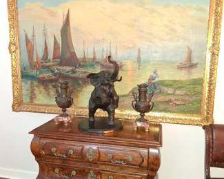 Fabulous Antique Seascape and signed Bronze Elephant