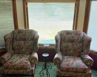 PAIR OF FLORAL UPHOLSTERED WINGBACK ARMCHAIRS