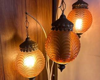 Vintage MidCentury Tension Pole Lamp  3 Amber Glass Swirl Globes