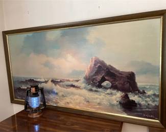 Large Chromolithograph Print Of Seascape With Reproduction Lantern