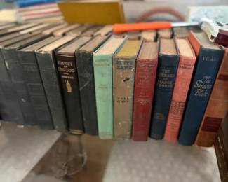 Mixed Antique Hardcover Book Lot
Condition: Fair
Assorted older hardcover books with worn cloth/leather-like bindings, faded spine gilt, and varied colors (dark green, black, tan, red, blue, and salmon). Visible titles suggest a mix of historical fiction and history/reference volumes. Condition appears used with shelf wear, rubbed corners, and faded spines.