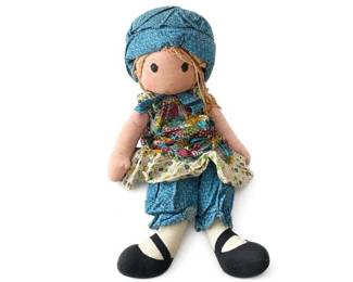 Amtoy Holly Hobbie Cloth Rag Doll
Condition: Good
Soft cloth rag doll with painted features, blonde yarn hair, blue patterned headwrap/turban, multicolor patchwork top, blue pants, and black flat shoes. Overall appearance is consistent with a 1970s Holly Hobbie-style decorative rag doll.