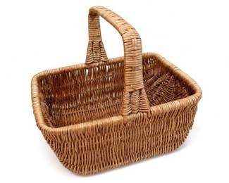 Handwoven Wicker Rectangular Basket with Fixed Swing Handle
Condition: Good
Rectangular open-top wicker basket in natural tan-brown finish with a high fixed swing handle. Appears handwoven with an everyday storage, gathering, or serving use. No visible damage is apparent from the provided image.