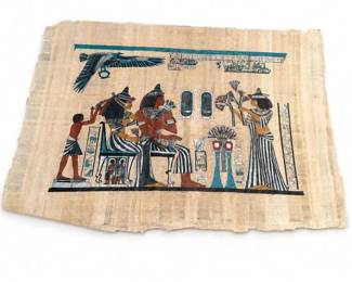 Hand-Painted Egyptian Papyrus Pharaoh Scene Wall Art
Condition: Good
Beige papyrus sheet with a painted Egyptian court scene: seated pharaoh figures, standing attendant, winged bird motif, and hieroglyph-style border elements in black, red, blue, gold, and teal. Appears unframed and shows age-toned wear to the papyrus surface.