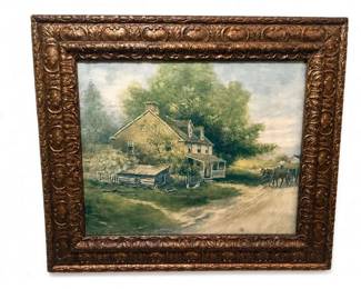Ornate framed pastoral farmhouse landscape painting
Condition: Good
One framed horizontal pastoral landscape painting showing a farmhouse, large trees, a dirt road, and a horse-drawn carriage or wagon at right, housed in a thick carved ornamental frame. The style suggests a traditional decorative oil painting or print on board/canvas; the exact medium and age are unverified from the image alone.