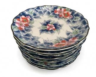 Scalloped floral porcelain plates, set of 8
Condition: Good
Stack of eight matching scalloped porcelain plates with a white ground, cobalt-blue leafy border, and pink floral sprays. Decorative, vintage-style dinnerware or dessert plates; no maker’s mark visible in the image.