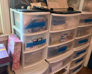 Sterilite plastic stackable storage drawer unit
Condition: Good
Clear plastic modular drawer storage used for closet/craft/household organization. The image shows several stacked Sterilite-style drawer modules with handwritten labels and mixed contents; condition appears used but serviceable with no obvious major breaks visible from this angle.