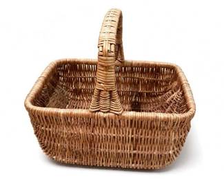Handwoven Brown Wicker/Rattan Storage Basket with Handle
Condition: Good
Rectangular open-top woven basket in brown wicker/rattan with a tall wrapped carry handle. Appears to be a general-purpose household basket or decorative storage basket.