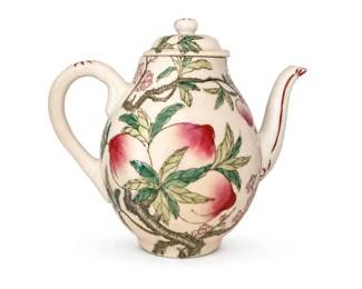 Famille Rose Porcelain Peach Teapot
Condition: Good
Cream-colored porcelain teapot with lid, loop handle, long curved spout, and hand-painted peach fruit/leaf/branch decoration in pink, green, and brown. No obvious chips or cracks are visible in the provided image, but the base and interior are not shown.
