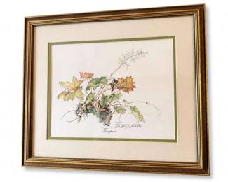 Framed botanical grapevine print
Condition: Good
Decorative framed botanical image featuring grape leaves/vines in muted watercolor-like colors, matted and glazed. The visible presentation suggests a vintage or reproduction print rather than an original painting, but that cannot be confirmed from the photo alone.