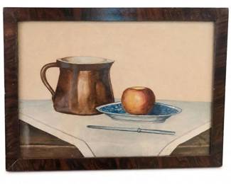 Framed still life painting of a copper pitcher, apple, and blue plate
Condition: Good
Framed still life artwork showing a copper-colored pitcher, a blue plate, and a single apple on a tablecloth. Appears to be an original or decorative hand-painted piece rather than a print, but the medium and authorship are unverified from the image alone.