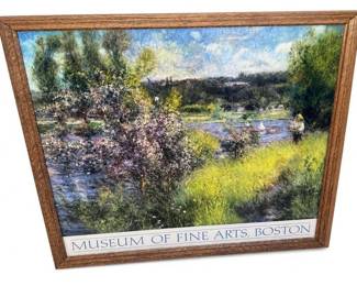 Museum of Fine Arts, Boston framed impressionist landscape poster/print
Condition: Good
Square-ish framed print/poster showing a bright impressionist landscape with water, trees, and a figure at right. Wood-look frame. The visible lower border text ties it to the Museum of Fine Arts, Boston. Artist/title are not readable from the image.