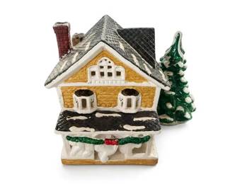 Hand-Painted Ceramic Christmas Village House with Tree
Condition: Good
Small painted ceramic holiday house with snow effect on roof and ledges, yellow/white facade, dark roof, and an attached green evergreen tree at the rear/right. Overall appears to be a decorative Christmas village or tabletop holiday piece. No visible lighting cord, plug, or base markings in the image.