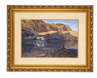Ornate gilt-framed western landscape painting with canyon and wagon scene
Condition: Good
Decorative framed landscape artwork showing sunlit canyon walls, a reflective river or lake, and a small wagon/horse scene near the water. Heavy ornate gold frame with a wide cream mat. Appears to be a single original painting or a signed print, but the medium and artist are not verifiable from the photo alone.
