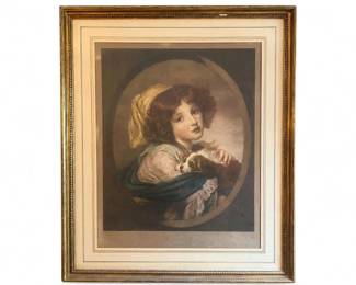Vintage framed girl with dog portrait print in ornate gilt frame
Condition: Good
Framed decorative print showing a child with a dog in an oval composition, surrounded by layered matting and an ornate gold-tone frame. Condition appears generally good from the front, though surface wear, aging, and frame wear cannot be confirmed without back/close-up inspection.