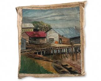 Unsigned Harbor Scene Oil Painting on Canvas
Condition: Fair
Vertical harbor landscape painting showing dockside buildings, a wooden pier, water, and small boats under a cloudy sky. The surface appears worn with loose or damaged edges and an unframed or minimally finished canvas/board presentation.
