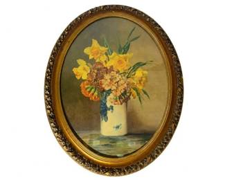 Framed oval floral still life painting
Condition: Good
Oval-format still life of a mixed bouquet in a white-blue vase, likely painted or printed, housed in an ornate gilt-toned frame. Visible flowers appear to include yellow daffodil-like blooms and assorted pastel blossoms. No visible signature from the front image.