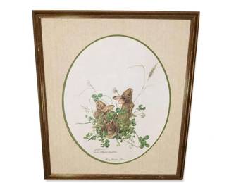 Framed rabbit wildlife art print
Condition: Good
Oval-matted print showing three rabbits with botanical elements, housed in a brown wood frame with a green oval inner border. The piece appears decorative and likely mass-market or limited-edition wildlife art, but the artist remains unverified from the photo.
