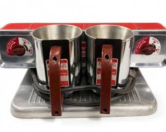 Campbell's Model E-5 Soup Warmer with Two Cups
Condition: Good
Red-and-silver Campbell's countertop soup warmer with two stainless cups, twin control dials, and power cord/base. The photographed example appears intact and complete for the warmer itself, though any original sign/display rack is not shown.