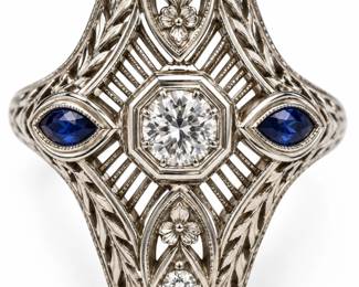 1920s Art Deco Ring 18k Diamond and Sapphire