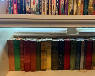 Decorative Vintage Hardcover Book Lot
Condition: Fair
Assorted vintage-style hardcover books with colorful spines, some gilt lettering, and mixed heights. Likely used primarily as decorative shelf books or a mixed reading lot. No single matching series or author set is clearly identifiable from the photo.
