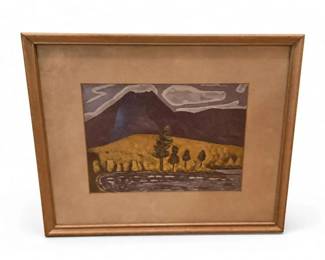 Framed mountain landscape print
Condition: Good
Framed landscape artwork showing a dark mountain, cloudy sky, yellow hills, and a row of stylized trees above water or a reflective foreground. The piece appears to be housed in a plain wood frame with a wide mat. No signature or identifying label is visible from the front.