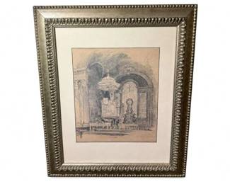 Framed sepia architectural interior etching print
Condition: Good
A framed monochrome/sepia print showing an ornate architectural interior with columns, arches, and a central furnishings/fountain-like focal point. The image appears to be an etching, lithograph, or intaglio-style print under glass with a substantial beaded gold-tone frame and mat. Condition appears generally good from the front; backing, signature, edition, and paper details are not visible.