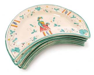 Hand-Painted Crescent Porcelain Bone Dishes, Floral Folkloric Woman Motif, Set of 6
Condition: Good
Six nested crescent-shaped hand-painted porcelain/ceramic dishes with teal floral vines, pastel accents, and a central stylized woman in folkloric dress. Likely used as bone dishes, condiment dishes, or small side dishes. Decorative vintage style; no obvious chips or cracks visible in the photo.