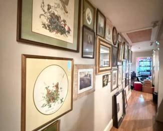 Framed botanical and bird wall art print assortment
Condition: Good
Assorted framed wall art featuring birds, flowers, and botanical motifs in mostly gold/brass-tone and dark frames. Mixed sizes and orientations; decorative home wall display rather than a single matched series. Exact count and maker are unverified from the image alone.