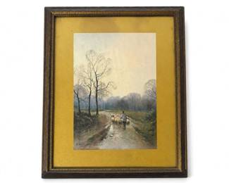 Framed pastoral landscape painting with shepherd and sheep
Condition: Good
Single framed landscape artwork depicting a person herding sheep on a dirt path through a wooded rural scene. Likely an original or hand-painted decorative piece; exact medium appears to be paint on paper/canvas, but the photo does not support a confident medium call.