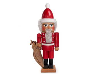 Wooden Santa Claus Nutcracker Figure with Burlap Sack
Condition: Good
Decorative wooden nutcracker-style Santa Claus figure in red and black with white beard, painted face, and burlap sack held at the side. Likely Christmas holiday decor/collectible. Secondary accessory appears to be a small horse decoration attached to the sack, but no matching set or packaging is shown.