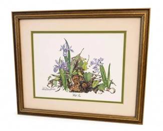 Botanical "Wild Iris" framed print or drawing
Condition: Good
One framed botanical artwork showing purple wild iris flowers, green leaves, and naturalistic plant detail on a cream background with a green inner mat and gold outer frame. Appears to be a decorative print or illustration; exact artist, edition, and medium are unverified from the photo.