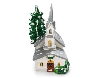 Painted Christmas village church figurine with steeple and evergreen tree
Condition: Good
Small hand-painted holiday village church with white walls, gray shingled roofs, a tall central steeple, arched windows, and a green evergreen tree behind/alongside the structure. Likely resin or ceramic tabletop decor.