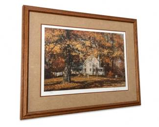 Framed autumn landscape print with rural house and large tree
Condition: Good
Framed print showing an autumn tree canopy over a light-colored house, with warm browns, oranges, and golds. Wood frame with wide beige mat; appears ready to hang. Secondary objects are not present.