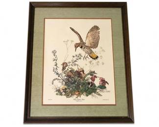 Framed Bird and Botanical Print Wall Art
Condition: Good
Large framed decorative print showing a bird in flight above dense floral/botanical foliage. Dark wood frame with broad muted green mat and cream image field. Style suggests vintage or vintage-inspired nature decor.