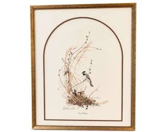 Framed botanical bird-and-nest mixed-media wall art
Condition: Good
Gold-toned framed artwork with an arched inner mat opening. Depicts a small bird perched near a nest-like cluster of dried grasses, stems, and berries, with a light cream background and a natural-history / cottage decor style. Appears to be a mixed-media or printed botanical composition, but exact medium is unverified from the photo.