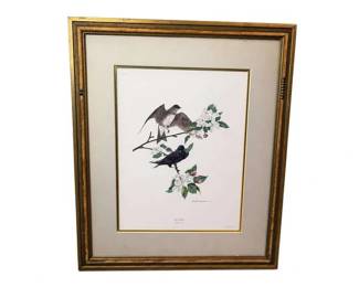 Framed bird and floral watercolor print
Condition: Good
Framed vertical print or watercolor-style artwork showing two birds perched on a branch with white blossoms and green leaves, matted in cream with a gold inner border and a gold-toned outer frame. Condition appears generally good from the front, with visible age-related wear or spotting on the mat/frame area.