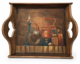 Hand-Painted Folk Art Wooden Serving Tray with Handles and Still-Life Painting
Condition: Good
Decorative wooden tray with shaped side handles and a painted still-life composition featuring a candleholder, coil of twine or nest-like form, kettle/teapot, bottle, and small vessel. Likely vintage or folk-art style. Minor surface wear is visible, but no obvious breaks are apparent from the photo.