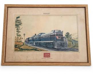 Framed Central of Georgia Railroad Freight Print
Condition: Good
Framed vintage railroad artwork showing a Central of Georgia freight diesel locomotive in landscape scene. Beige mat with printed title at top and red Central Georgia logo at bottom. Frame shows age toning and light wear visible on the paper/mat; no obvious major damage visible from the front.