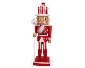 Red and White Candy Cane Nutcracker with Lollipop Staff
Condition: Good
Decorative Christmas nutcracker figure in red and white peppermint stripes, holding a spiral lollipop staff. Painted wood-like construction with white beard and base; likely shelf décor or seasonal display piece.