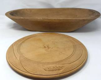 Carved Wooden Dough Bowl And Wooden Bread Board With Wheat Motif
