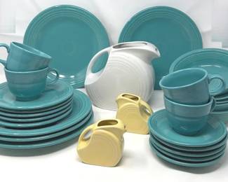 Vintage HLC Fiesta Ware 5 Pc Turquoise Dinnerware, 4 Cups, White Disk Pitcher,Yellow Mini Disk Pit
